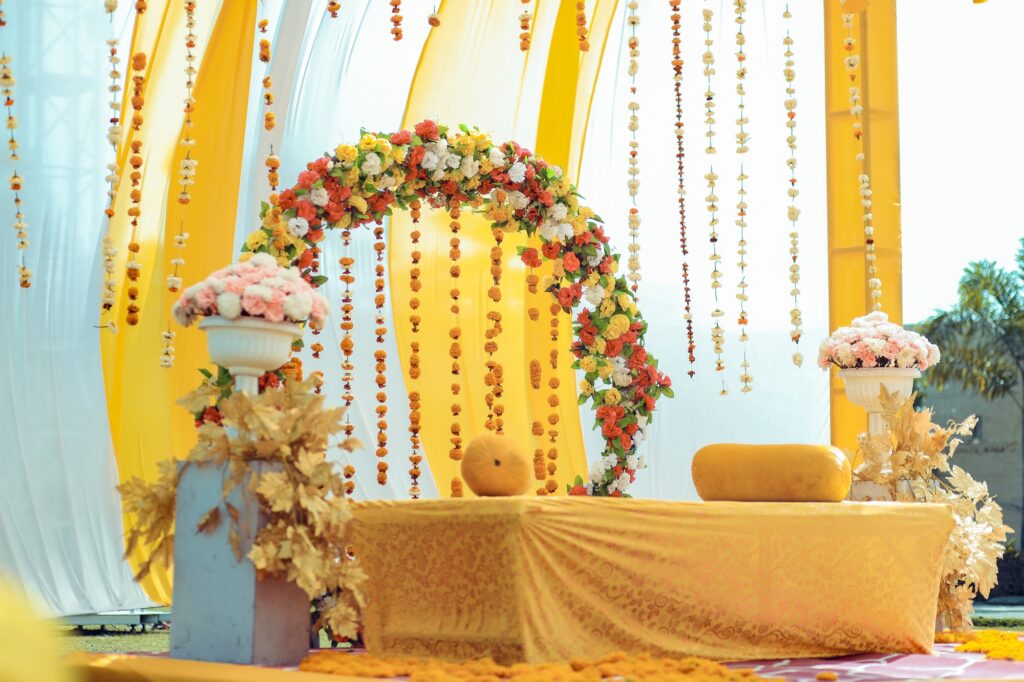 Bright and colorful Haldi ceremony decor by Gaur Wedding Decor, featuring traditional elements and festive designs.