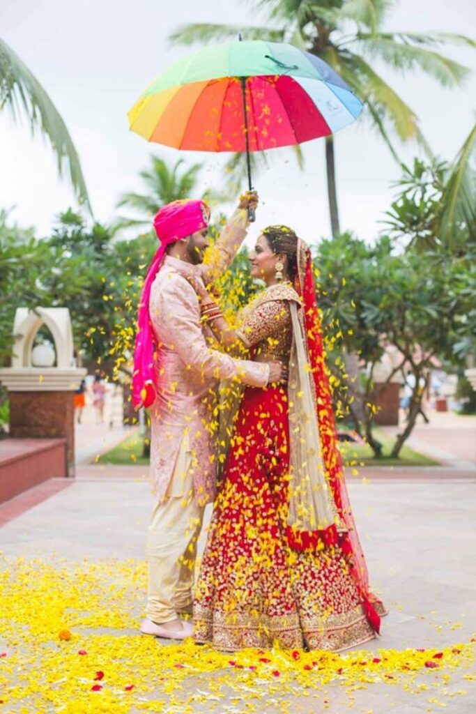 Bride and groom in traditional wedding attire with beautiful decor by Gaur Wedding Decor, creating a perfect wedding setting.