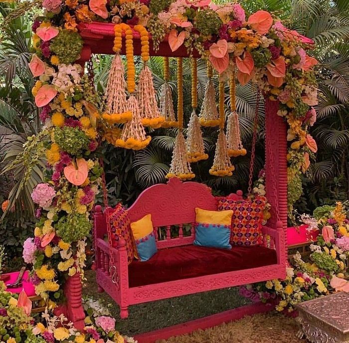 Jhoola Decor for Mehendi Ceremony with Swing, Sealing Flowers, and Birds by Wedding Decor by Gaur